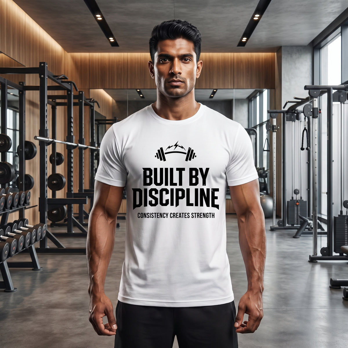 BUILT BY DISCIPLINE Regular Fit Gym T-Shirt for Men - White