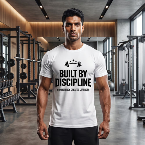 BUILT BY DISCIPLINE Regular Fit Gym T-Shirt for Men - White