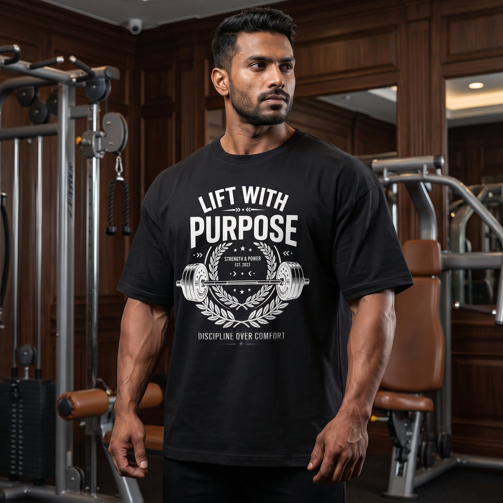 LIFT WITH PURPOSE Regular Fit Gym T-Shirt for Men - Black