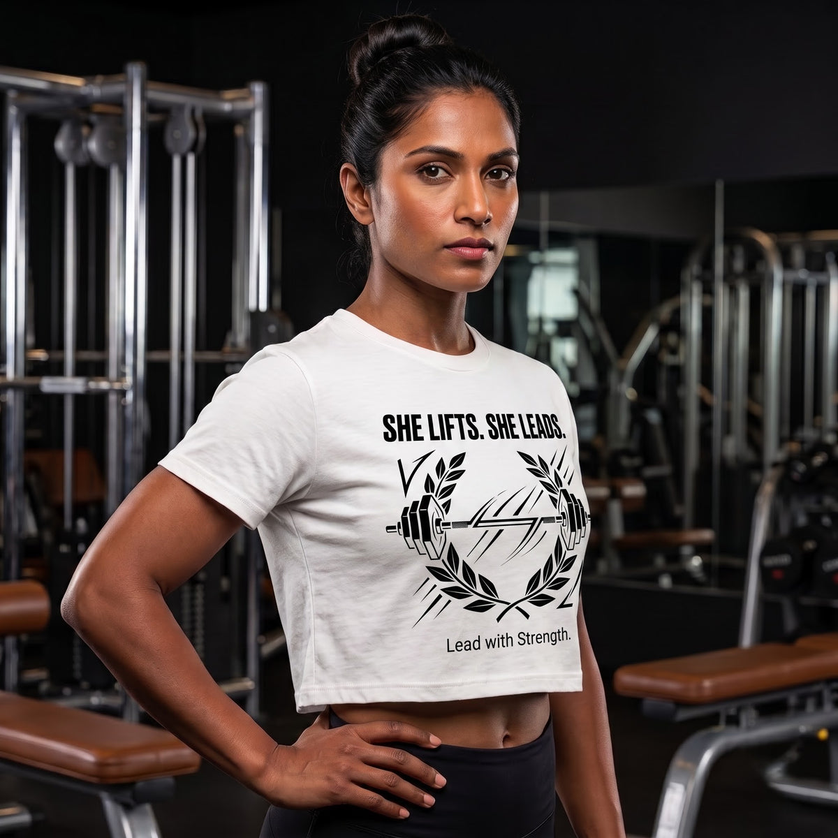 SHE LIFTS SHE LEADS Women's Crop Top - White
