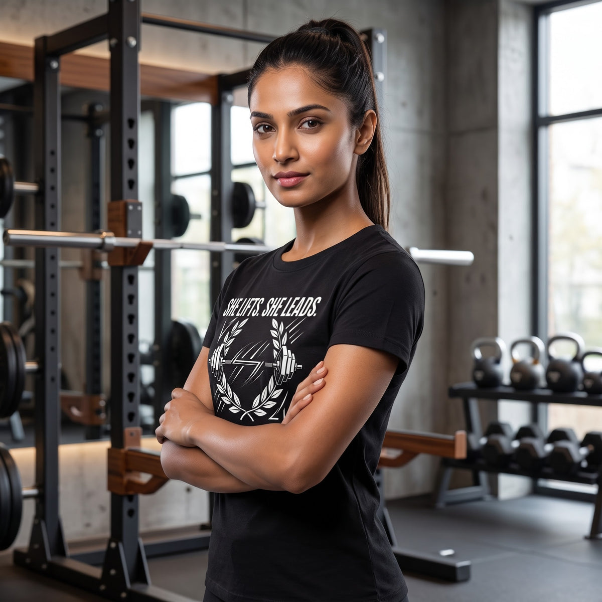 SHE LIFTS SHE LEADS Women's Gym T-Shirt - Black