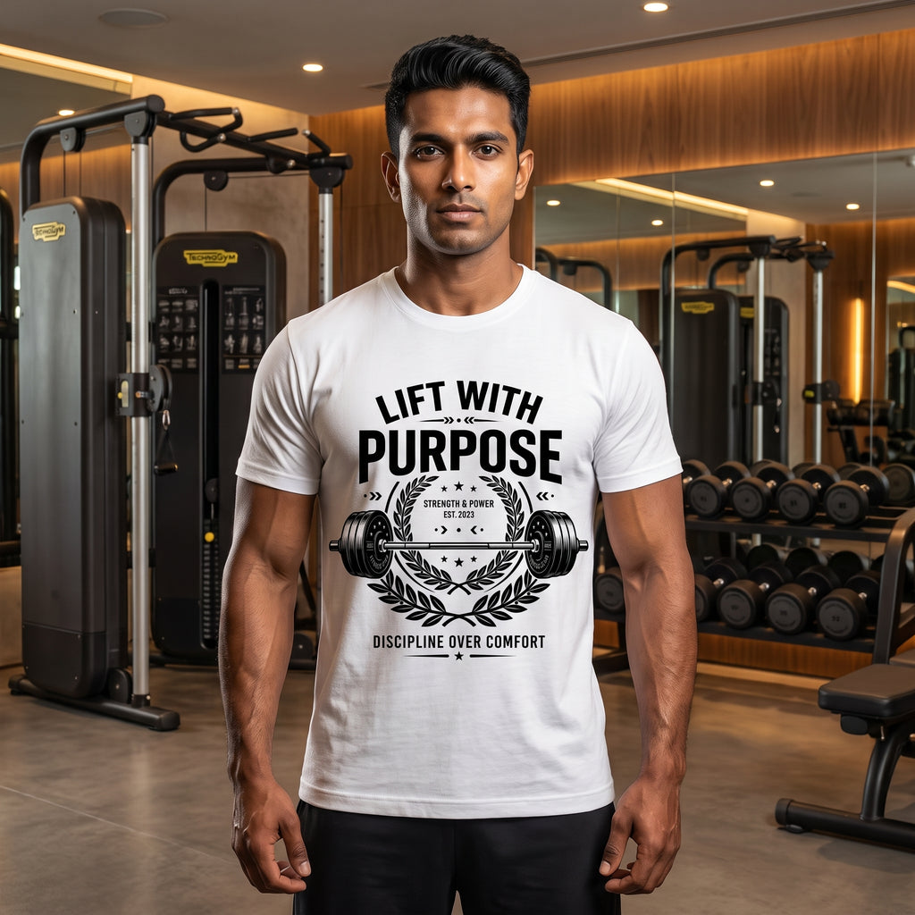 LIFT WITH PURPOSE Regular Fit Gym T-Shirt for Men - White
