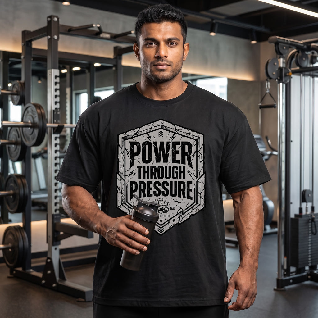 POWER THROUGH PRESSURE Oversized Gym T-Shirt for Men - Black