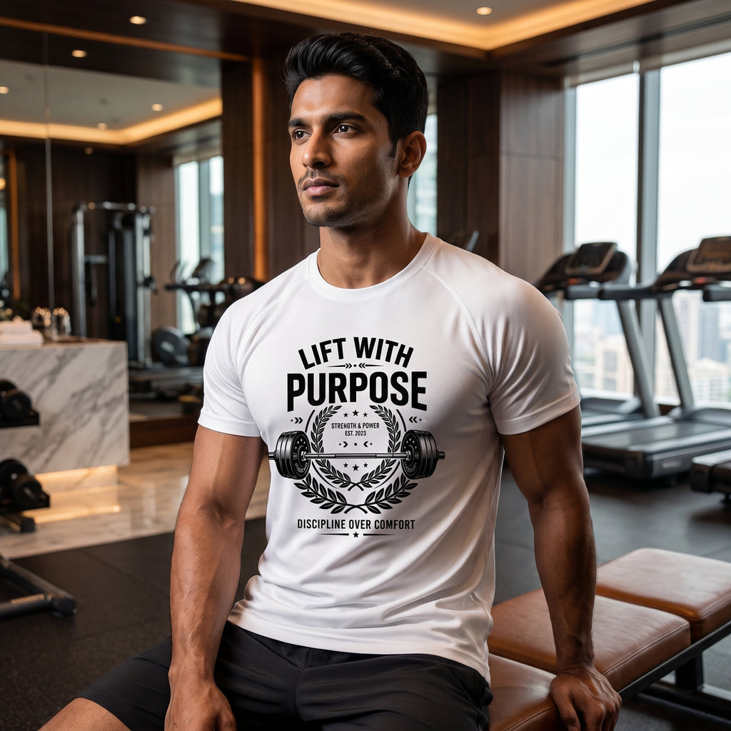 LIFT WITH PURPOSE Regular Fit Gym T-Shirt for Men - White