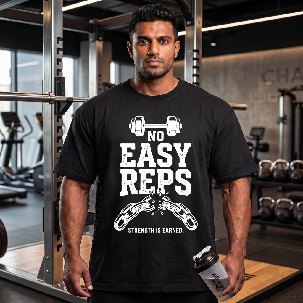 NO EASY REPS Oversized Gym T-Shirt for Men - Black