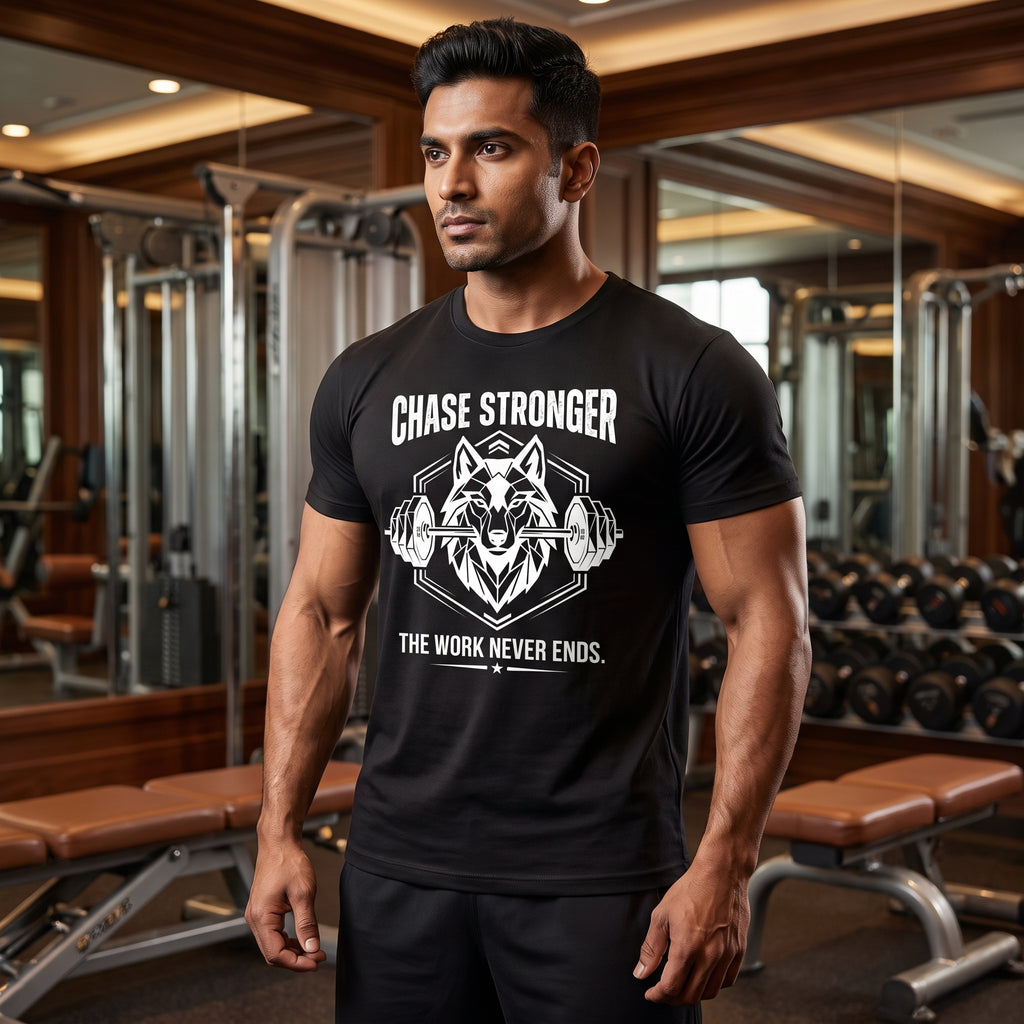 CHASE STRONGER Regular Fit Gym T-Shirt for Men - Black