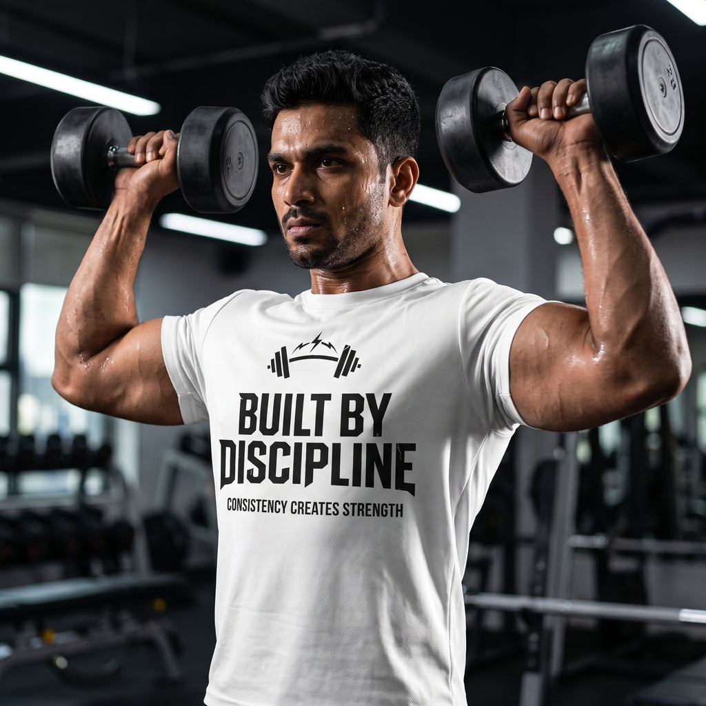 BUILT BY DISCIPLINE Regular Fit Gym T-Shirt for Men - White