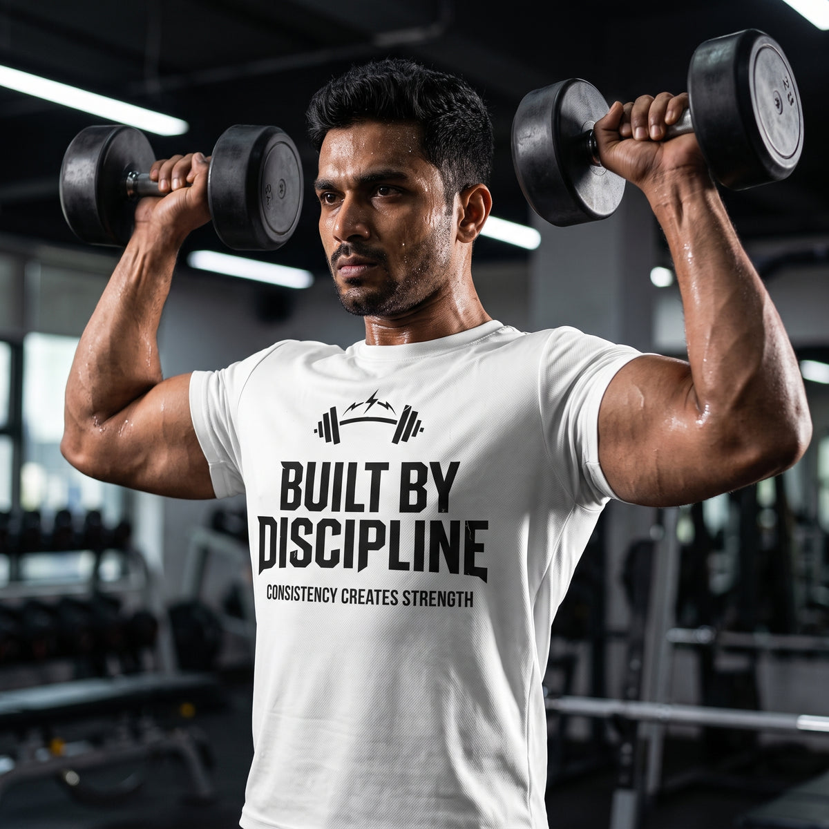 BUILT BY DISCIPLINE Regular Fit Gym T-Shirt for Men - White