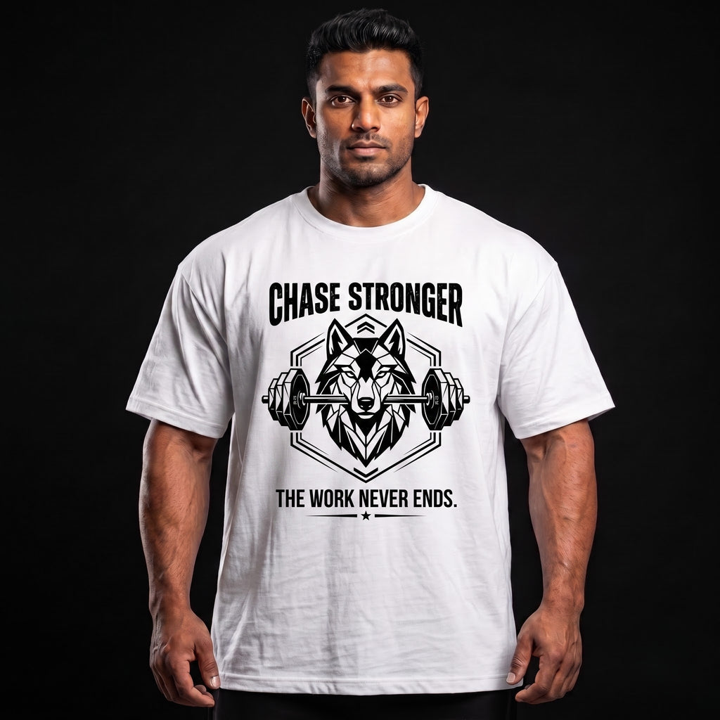 CHASE STRONGER Oversized Gym T-Shirt for Men - White