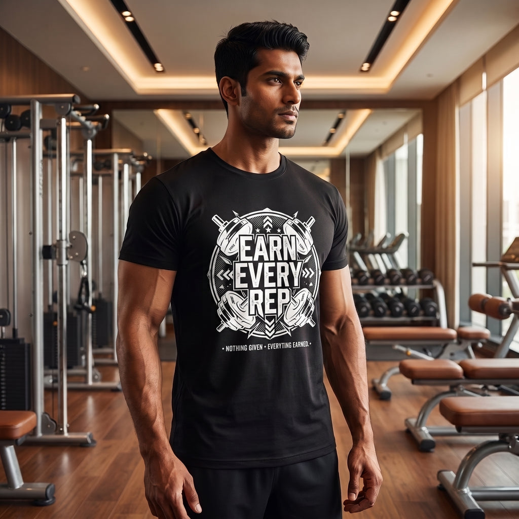EARN EVERY REP Regular Fit Gym T-Shirt for Men - Black