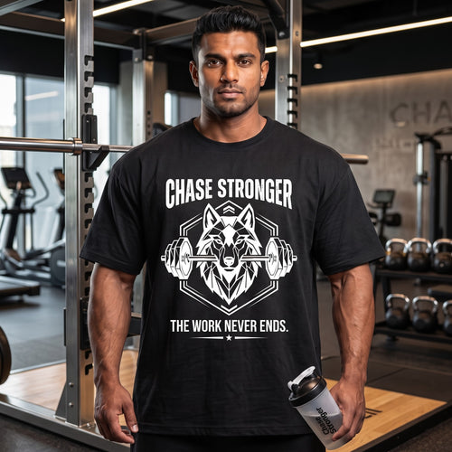 CHASE STRONGER Oversized Gym T-Shirt for Men - Black