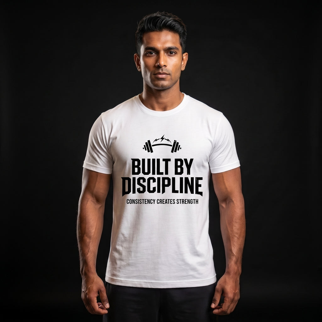 BUILT BY DISCIPLINE Regular Fit Gym T-Shirt for Men - White