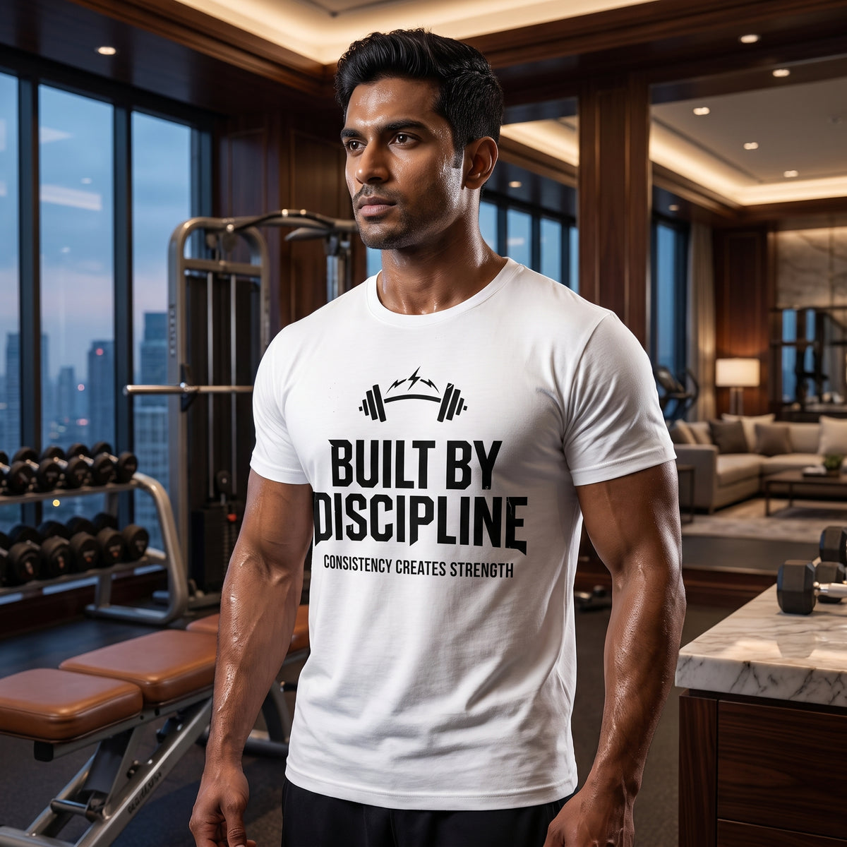 BUILT BY DISCIPLINE Regular Fit Gym T-Shirt for Men - White