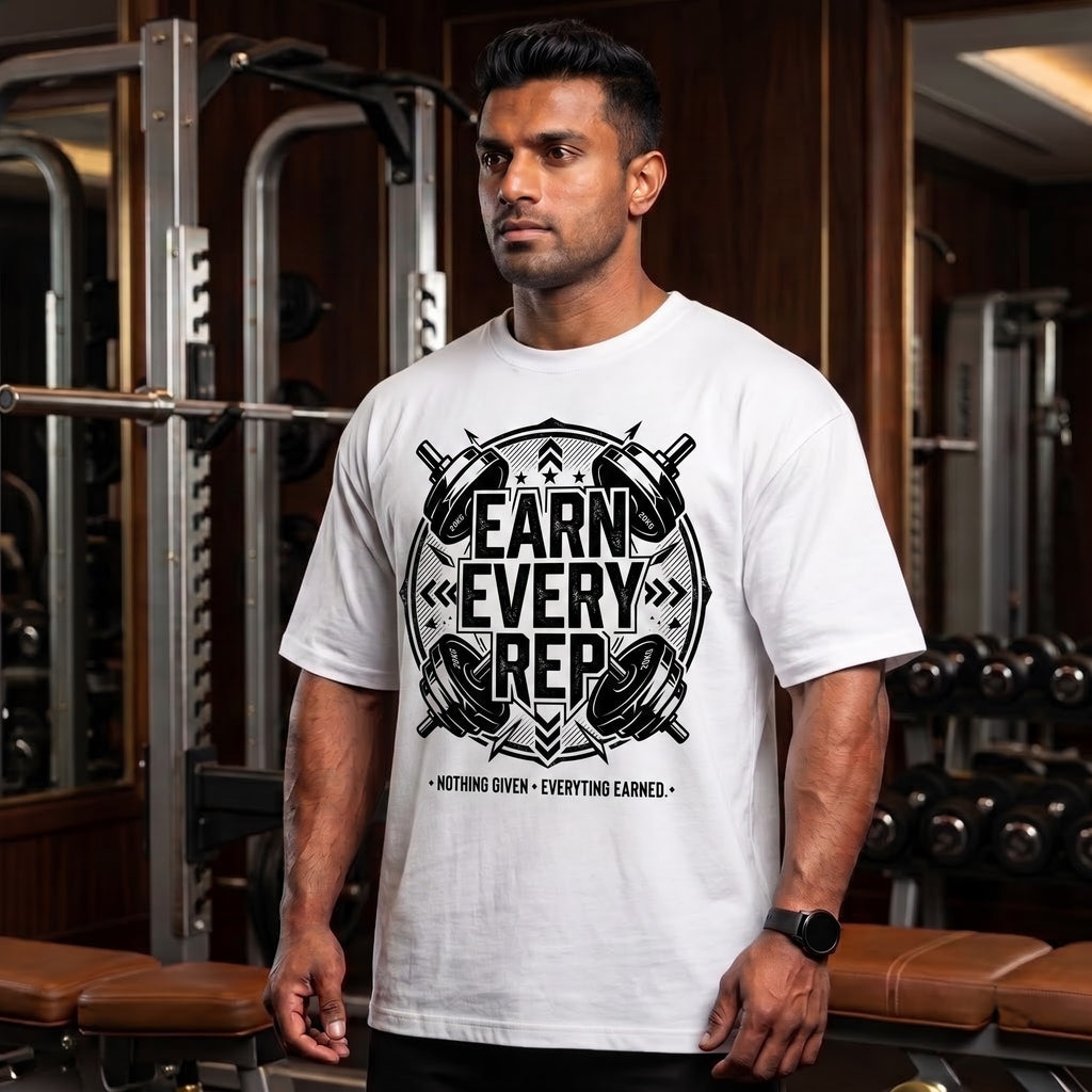EARN EVERY REP Oversized Gym T-Shirt for Men - White