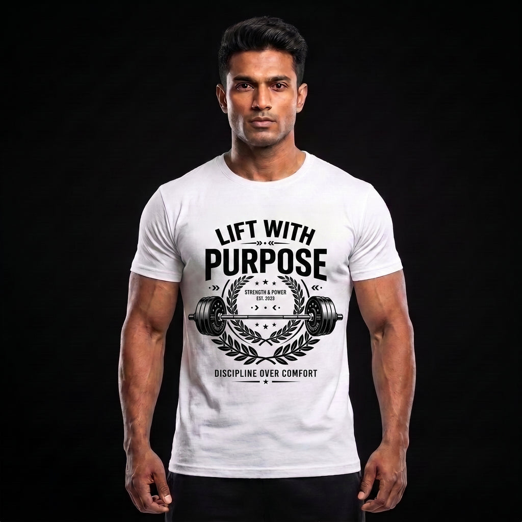 LIFT WITH PURPOSE Regular Fit Gym T-Shirt for Men - White