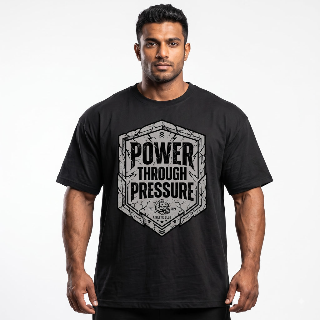 POWER THROUGH PRESSURE Oversized Gym T-Shirt for Men - Black