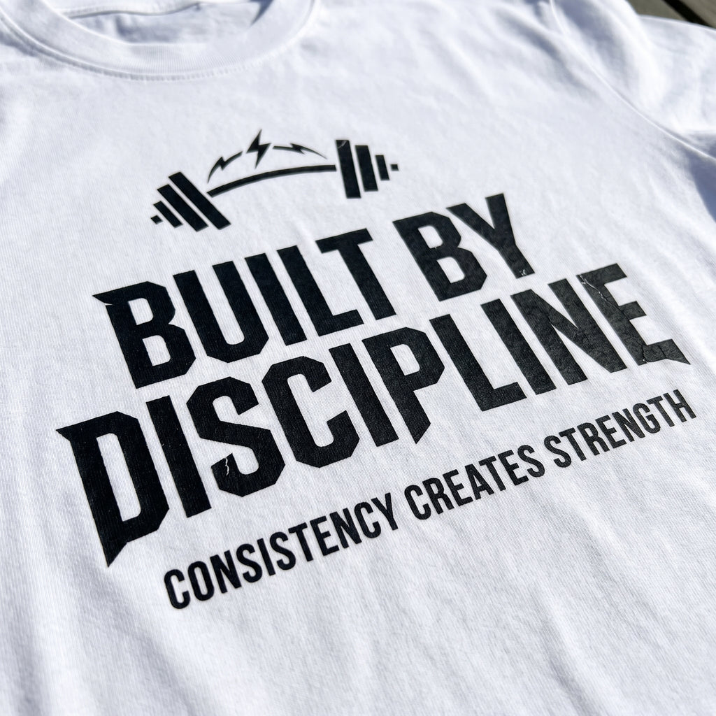 BUILT BY DISCIPLINE Regular Fit Gym T-Shirt for Men - White
